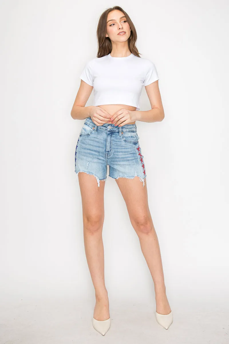 Star Spangled High Rise Stretch Denim Shorts
