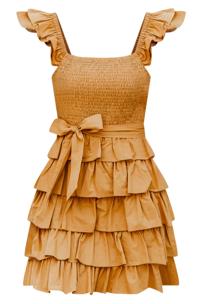 Still Have Time Mustard Tiered Ruffle Belted Mini Dress FINAL SALE