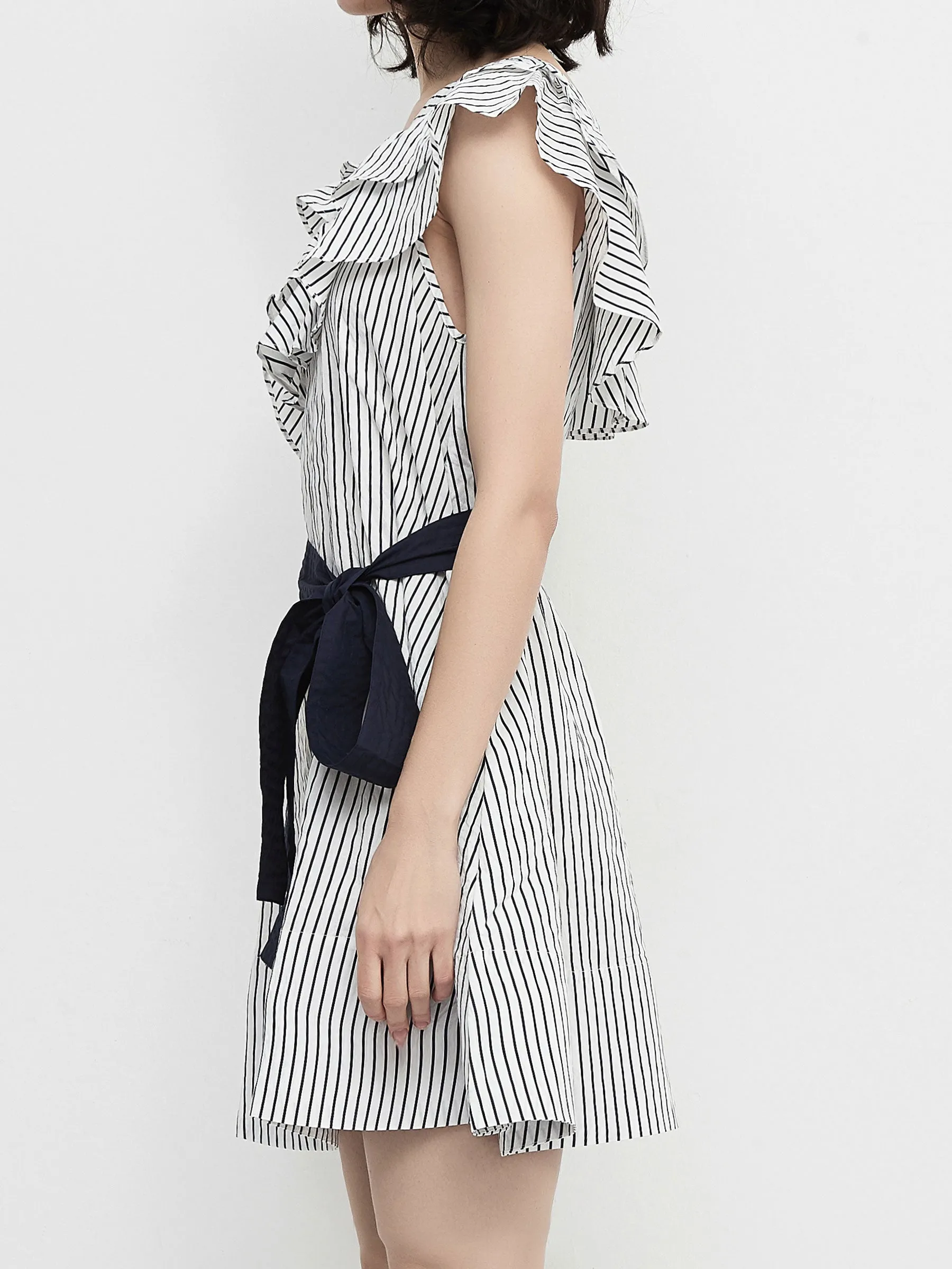 Striped Asymmetric Shoulder Belted Dress