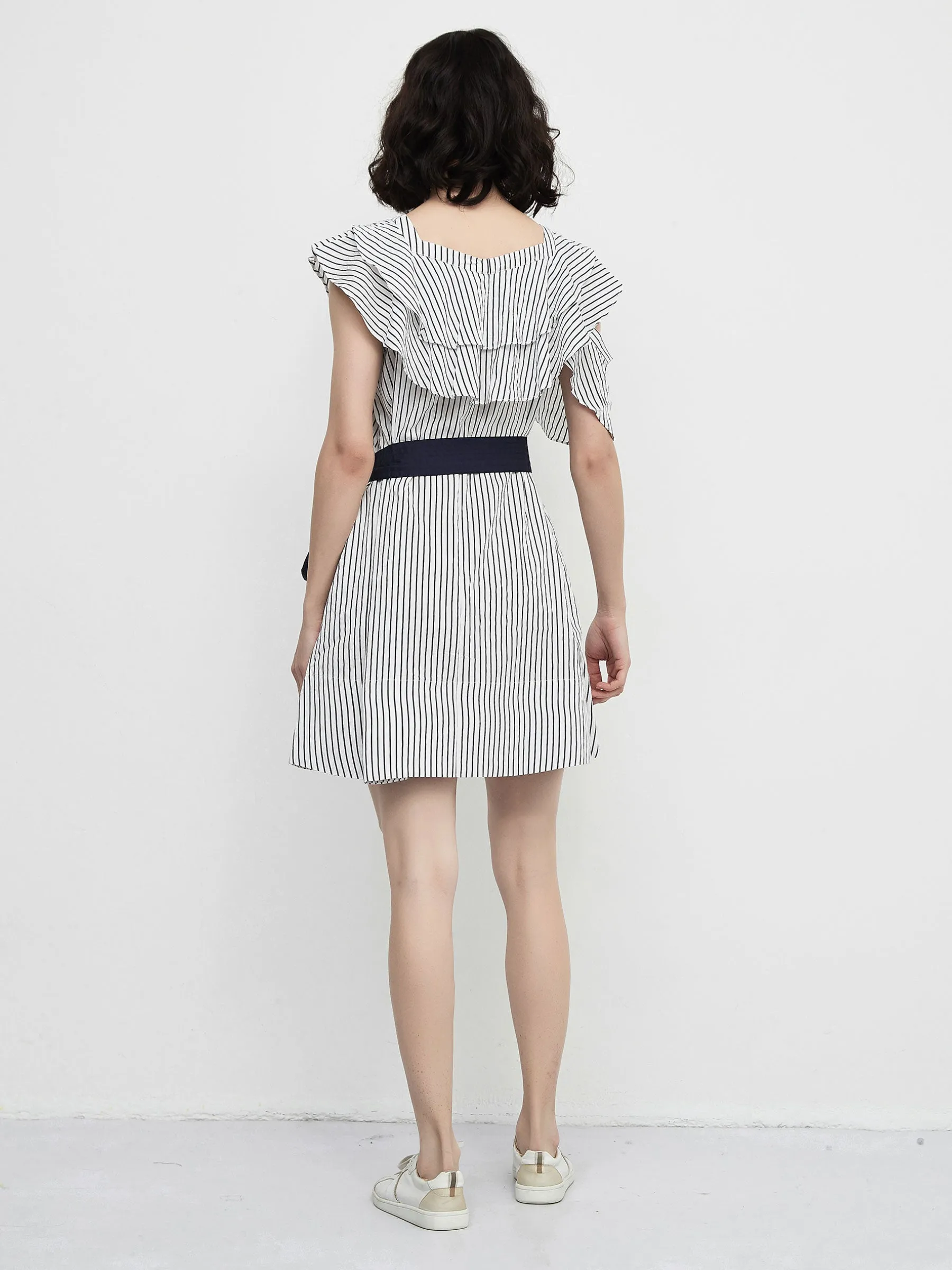 Striped Asymmetric Shoulder Belted Dress