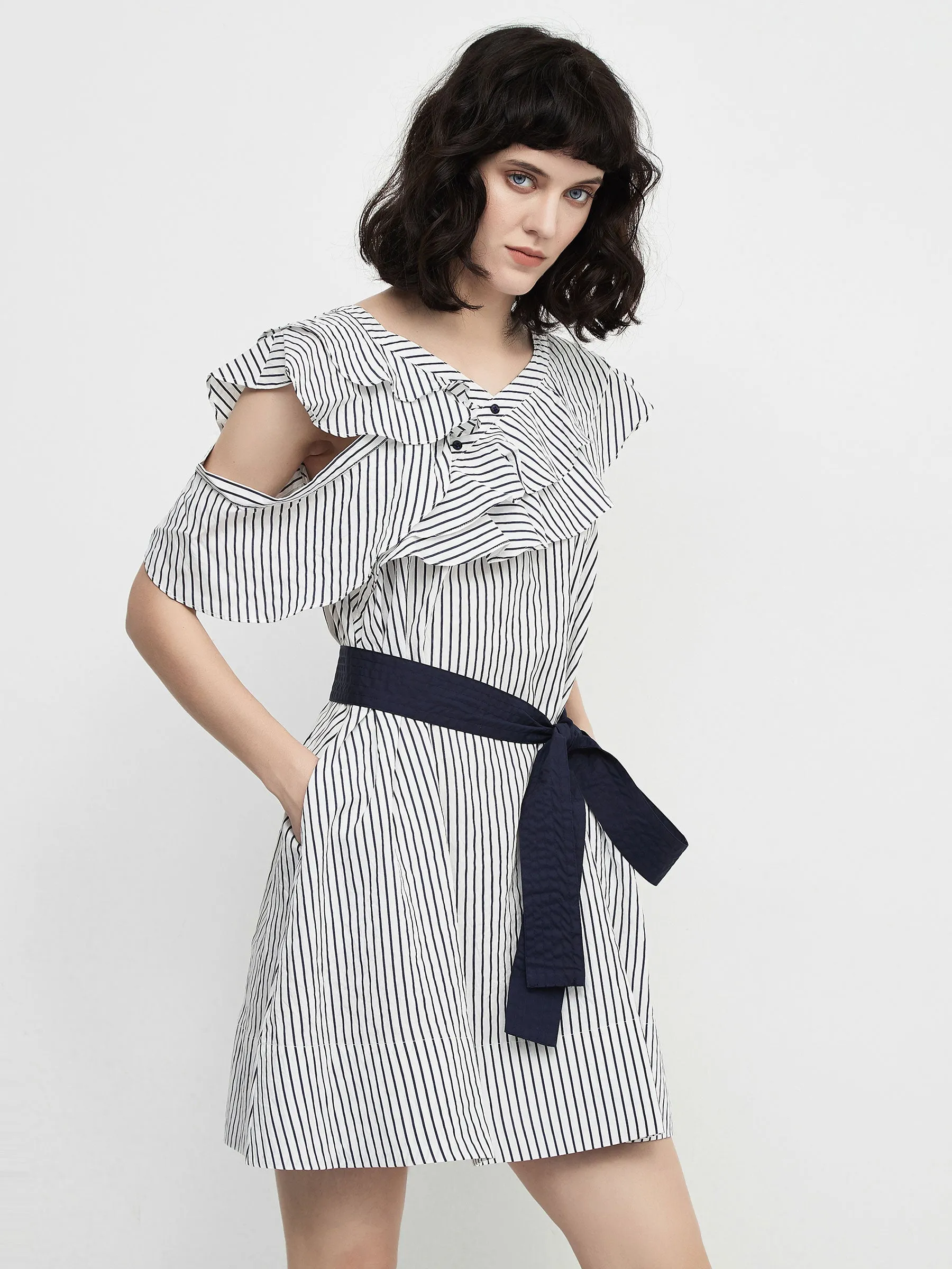 Striped Asymmetric Shoulder Belted Dress