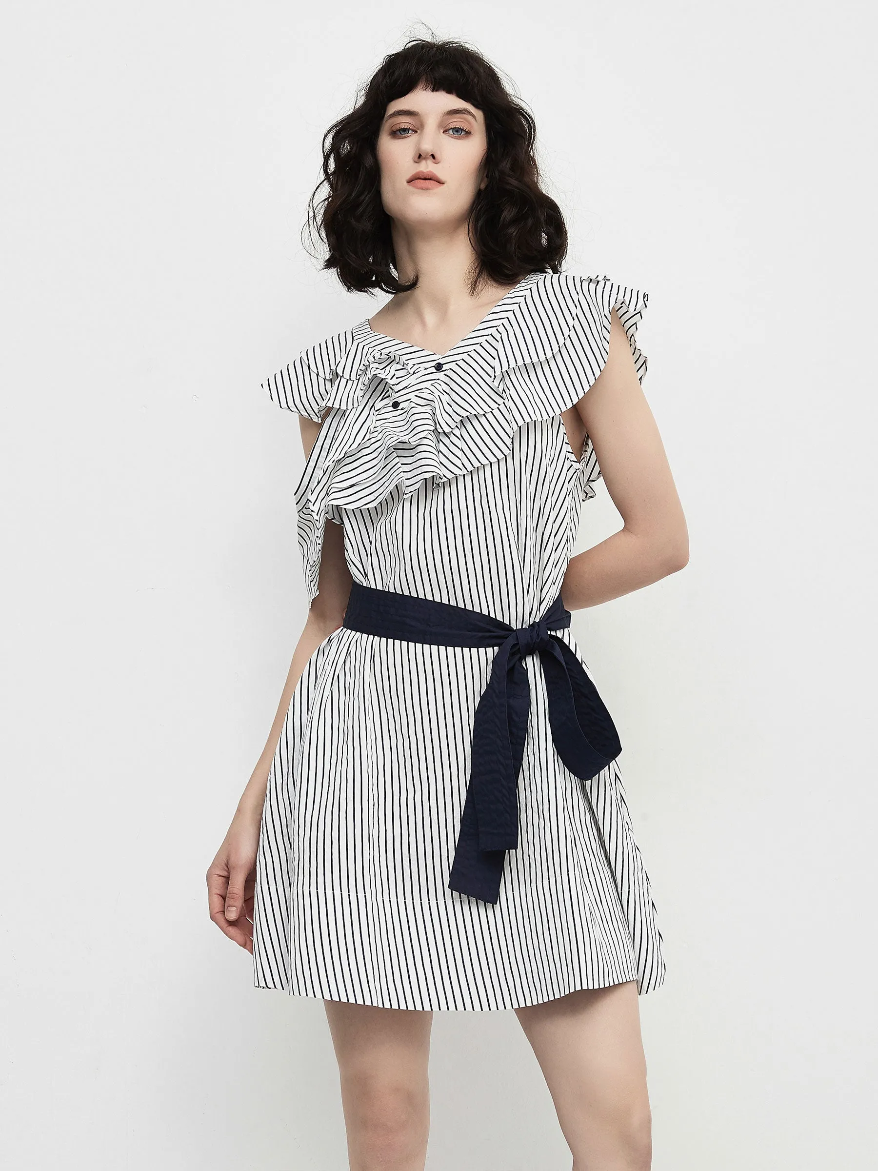 Striped Asymmetric Shoulder Belted Dress