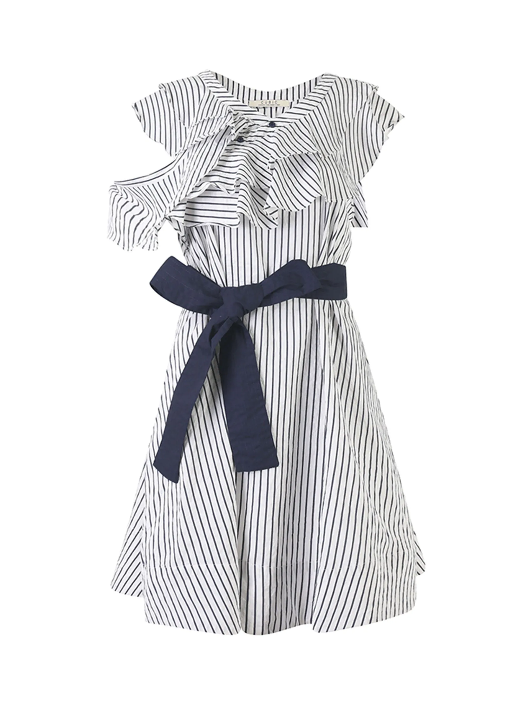 Striped Asymmetric Shoulder Belted Dress