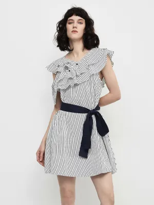 Striped Asymmetric Shoulder Belted Dress
