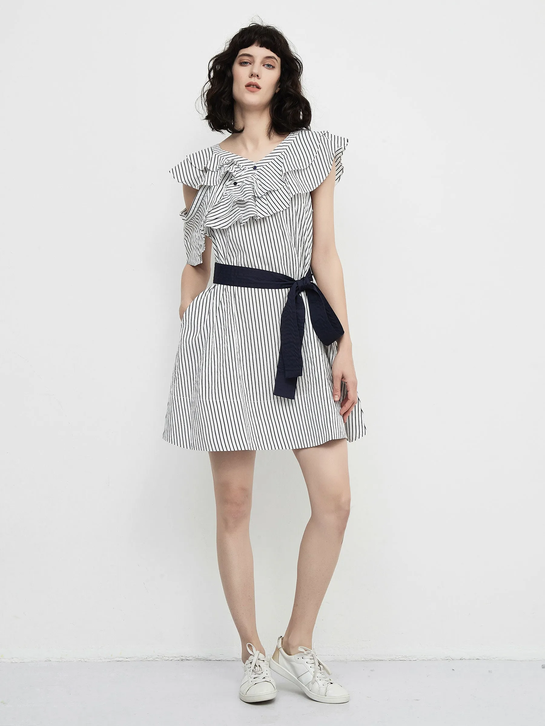 Striped Asymmetric Shoulder Belted Dress