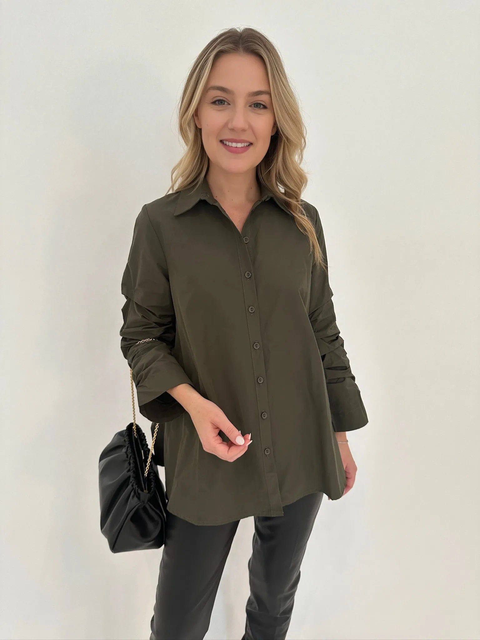 Sylvie Ruched Sleeve Button Down Shirt - Military
