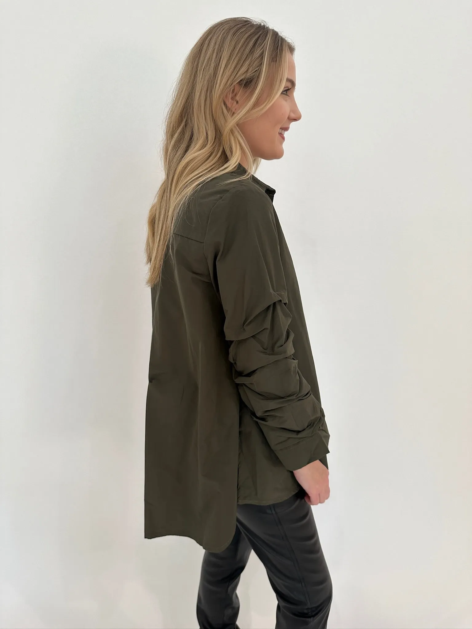 Sylvie Ruched Sleeve Button Down Shirt - Military