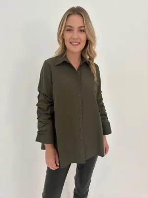 Sylvie Ruched Sleeve Button Down Shirt - Military