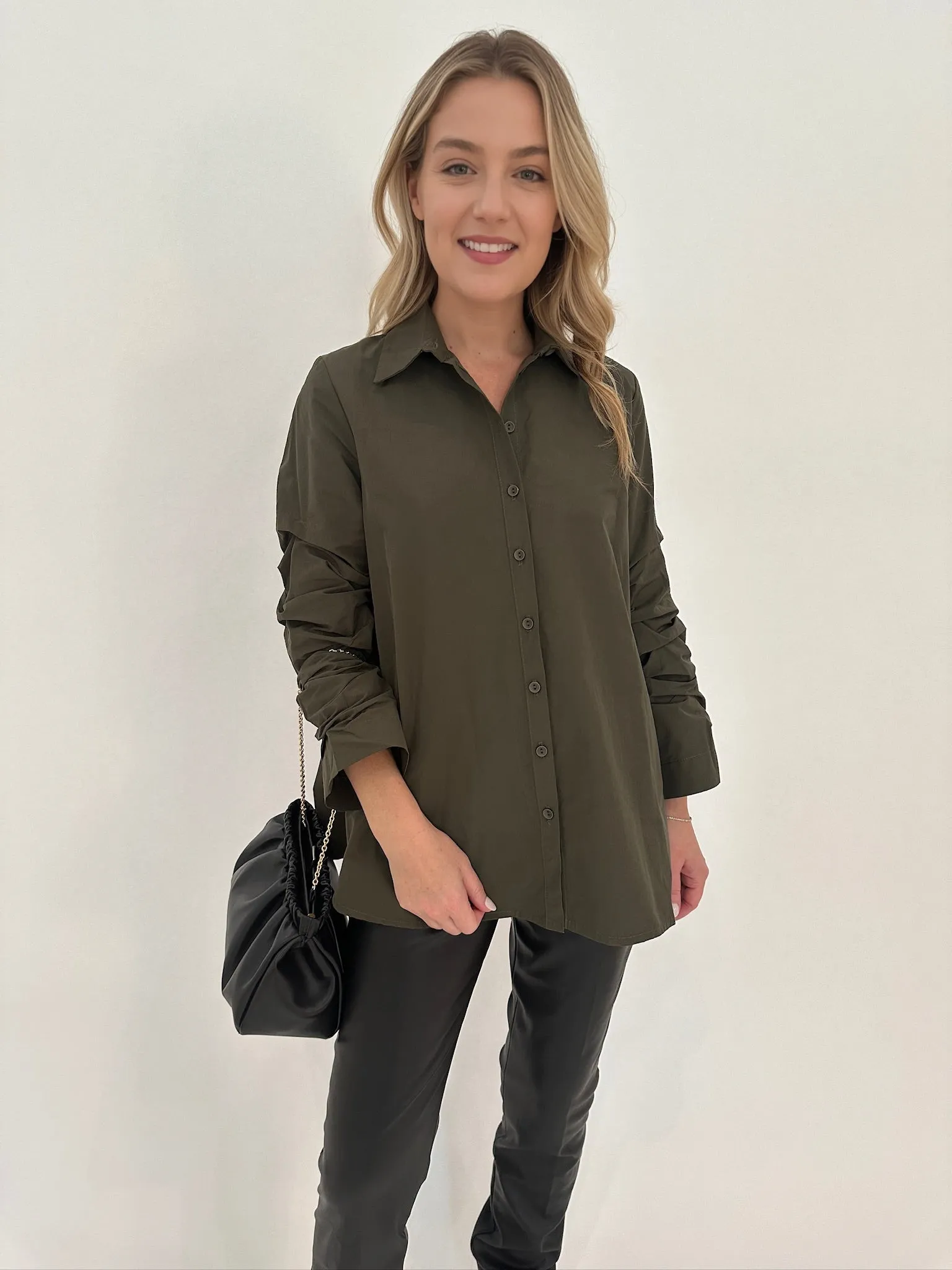 Sylvie Ruched Sleeve Button Down Shirt - Military