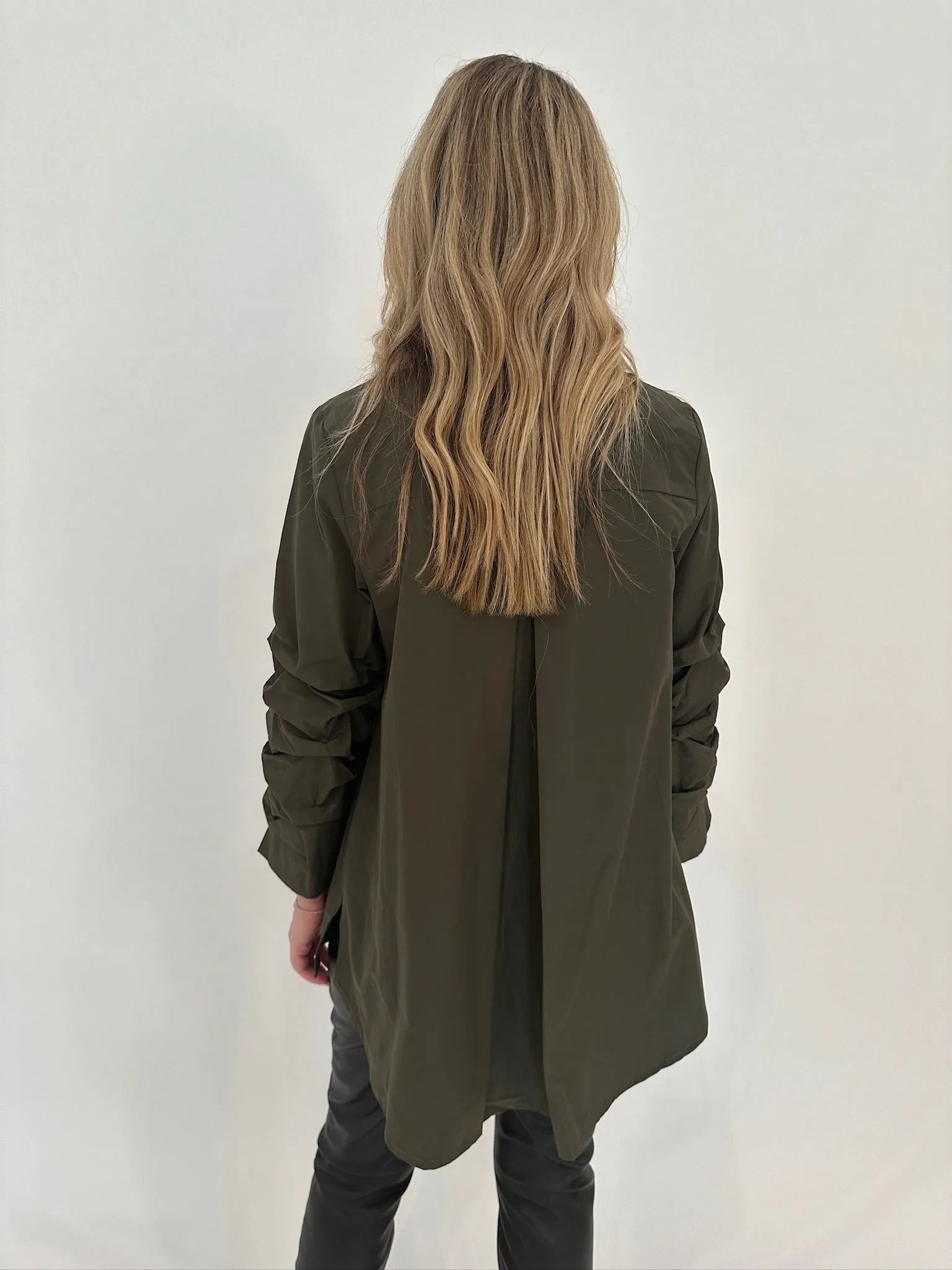Sylvie Ruched Sleeve Button Down Shirt - Military