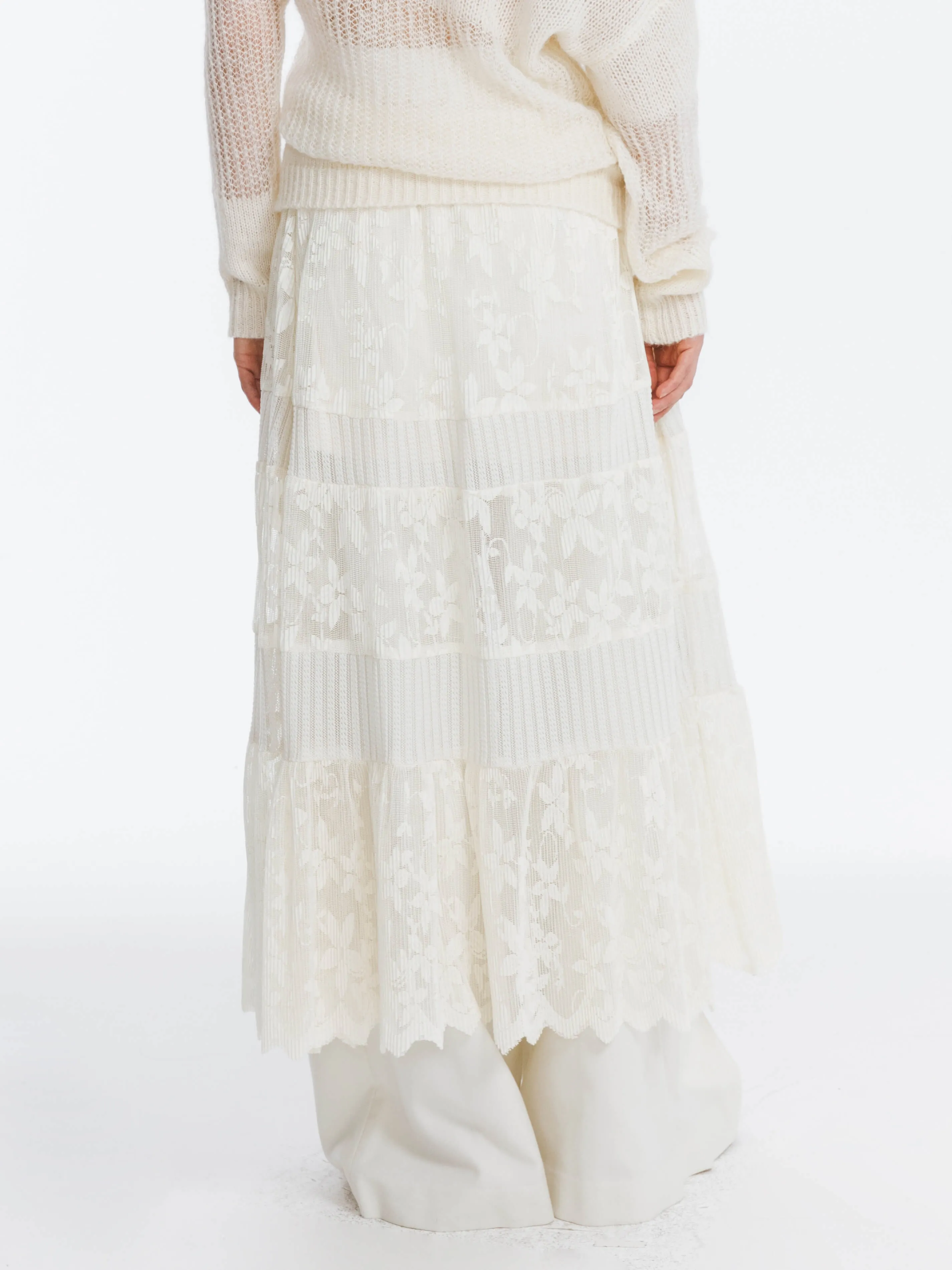 Textured Floral Print Lace Panel Skirt