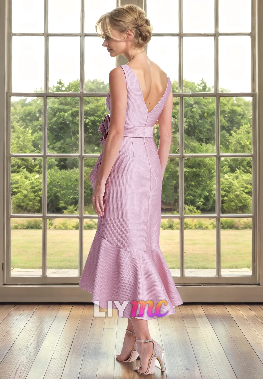 V-Neck Sleeveless Floral Ruffled A-Line Satin Mother of Bride Dress Cocktail Dress