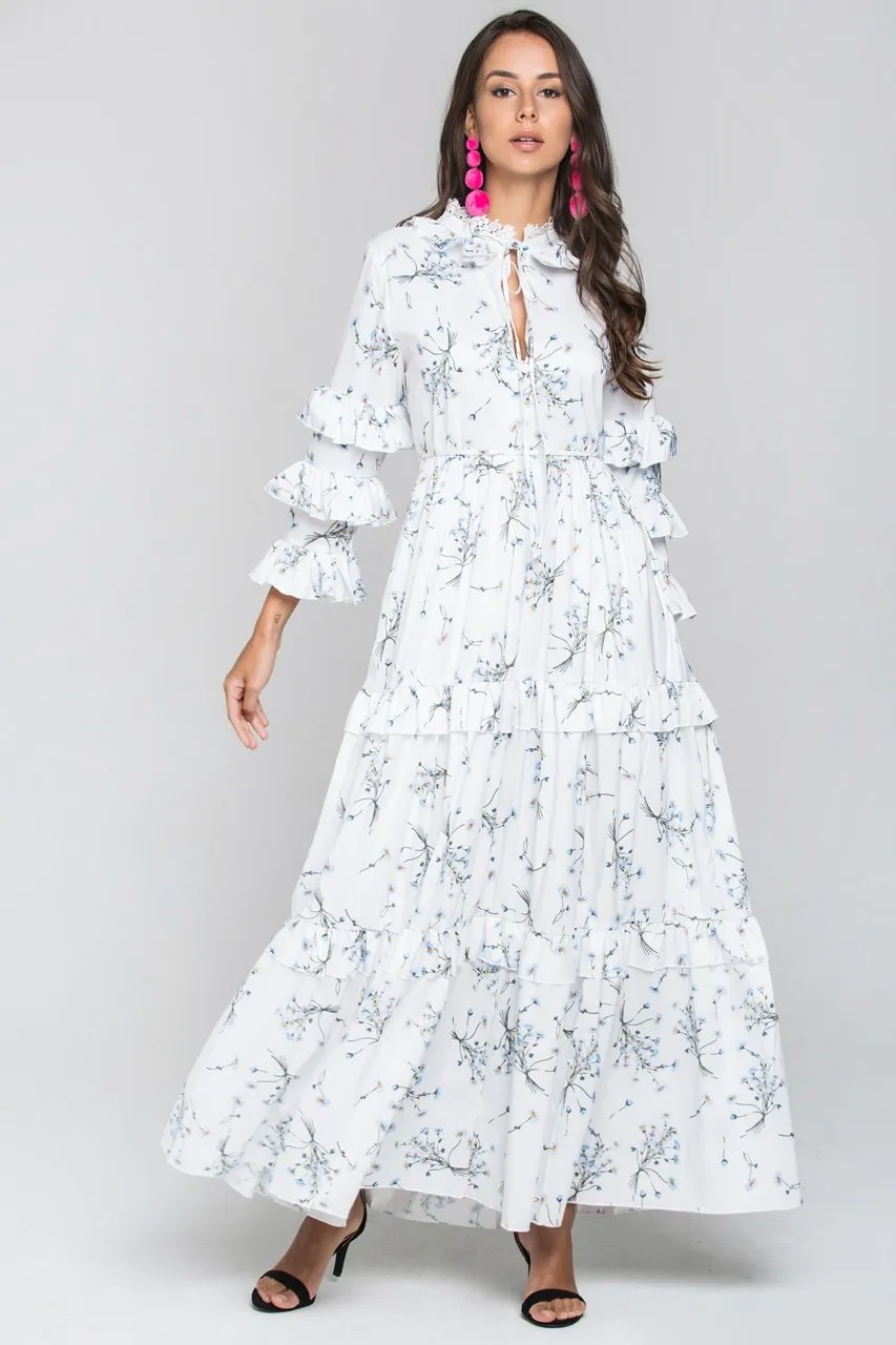 White and Blue Daisy Print Ruffled Sleeve Midi Dress