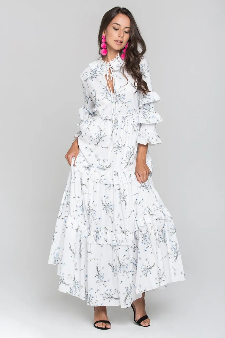 White and Blue Daisy Print Ruffled Sleeve Midi Dress