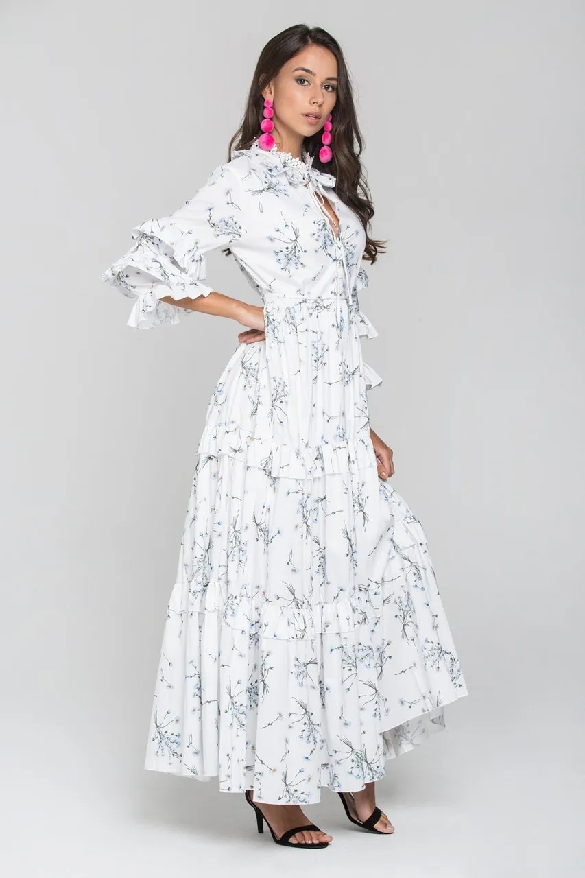 White and Blue Daisy Print Ruffled Sleeve Midi Dress
