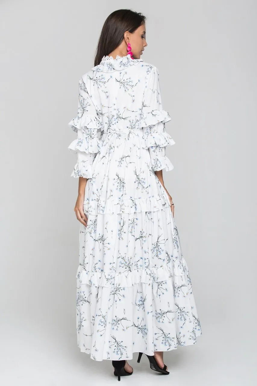 White and Blue Daisy Print Ruffled Sleeve Midi Dress