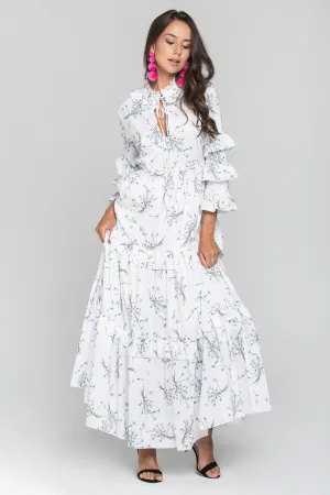 White and Blue Daisy Print Ruffled Sleeve Midi Dress