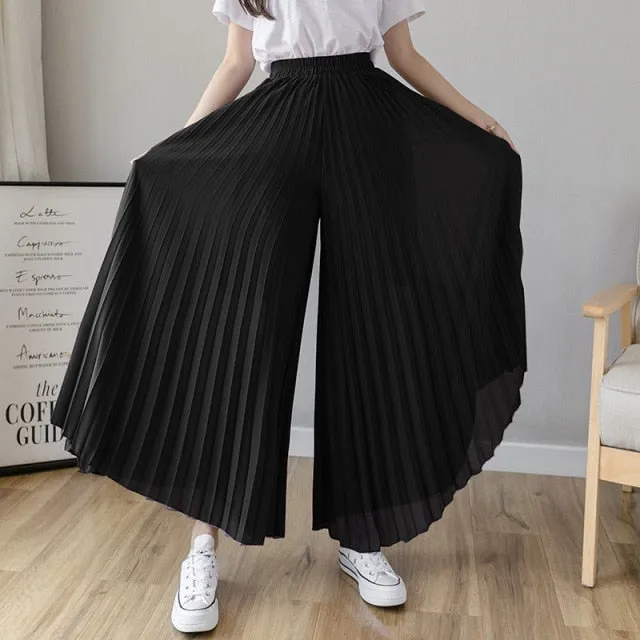 Women Spring Summer Pleated Loose Pants Fashion Female Chiffon Elastic Waist Skirt Pants Black Blue Wide Leg Pants Femme