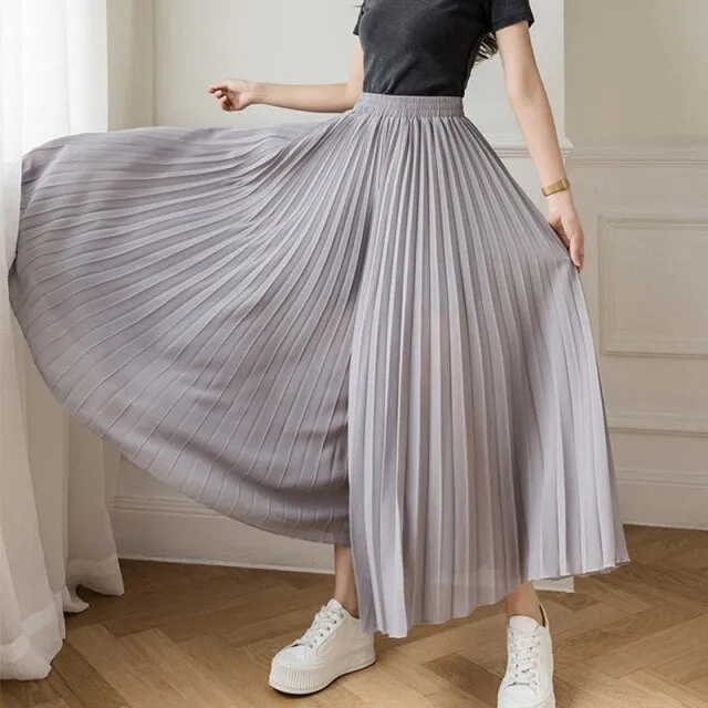Women Spring Summer Pleated Loose Pants Fashion Female Chiffon Elastic Waist Skirt Pants Black Blue Wide Leg Pants Femme