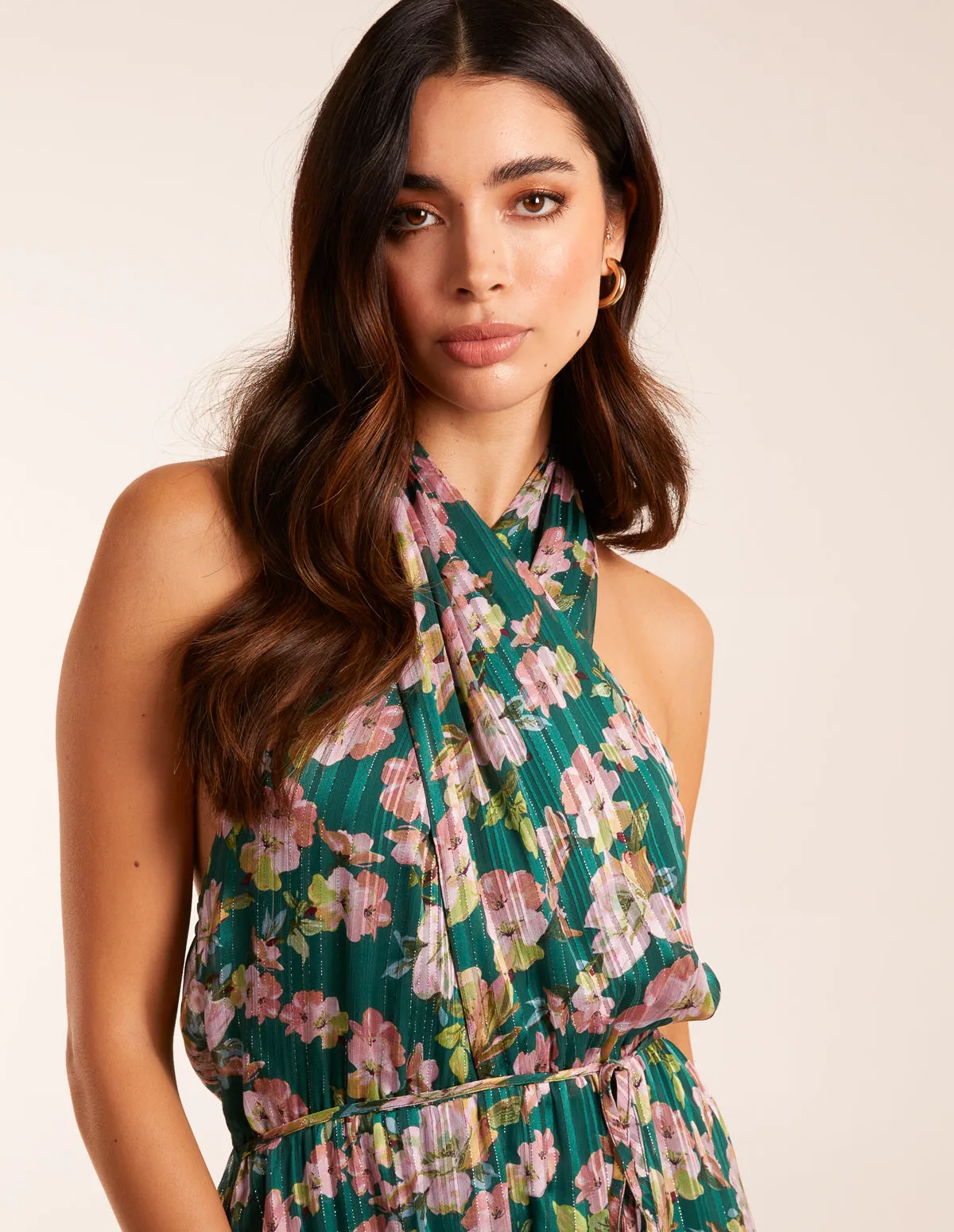 Wrap Halter Neck Pleated Midi Dress