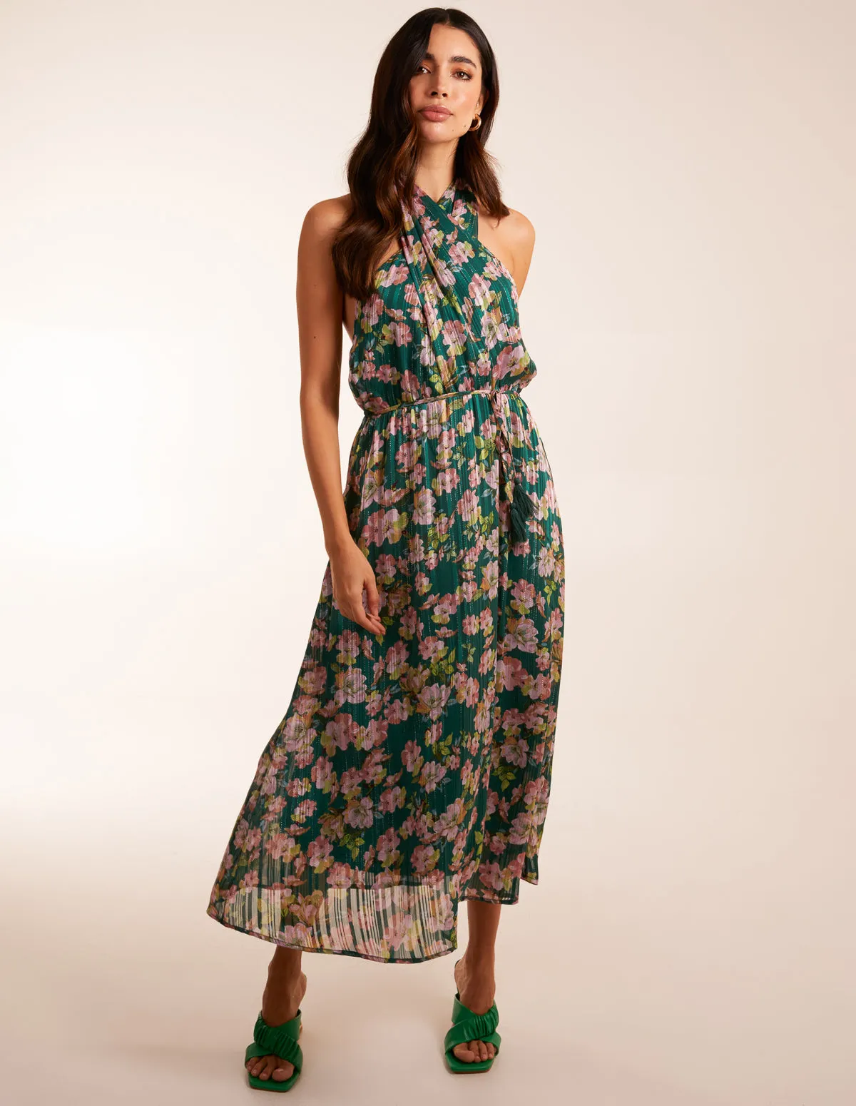Wrap Halter Neck Pleated Midi Dress