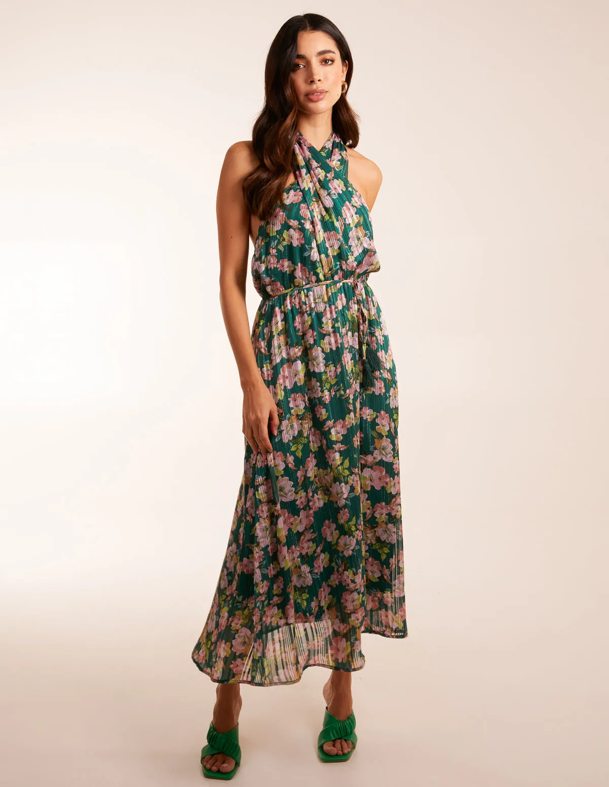 Wrap Halter Neck Pleated Midi Dress