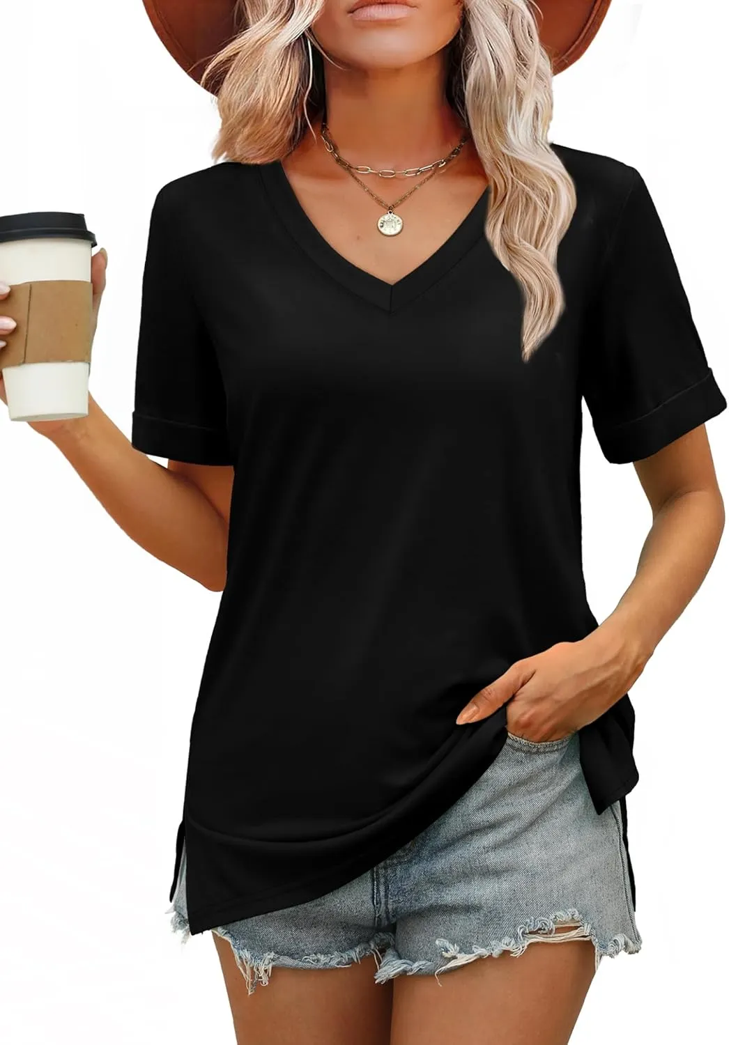 XIEERDUO Womens Summer Tops Short Sleeve Shirts Trendy V Neck T Shirts for Women Casual Tops