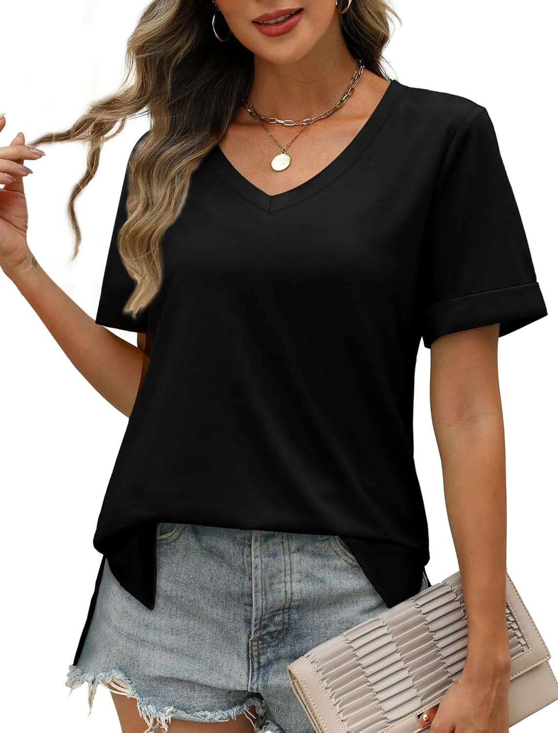 XIEERDUO Womens Summer Tops Short Sleeve Shirts Trendy V Neck T Shirts for Women Casual Tops